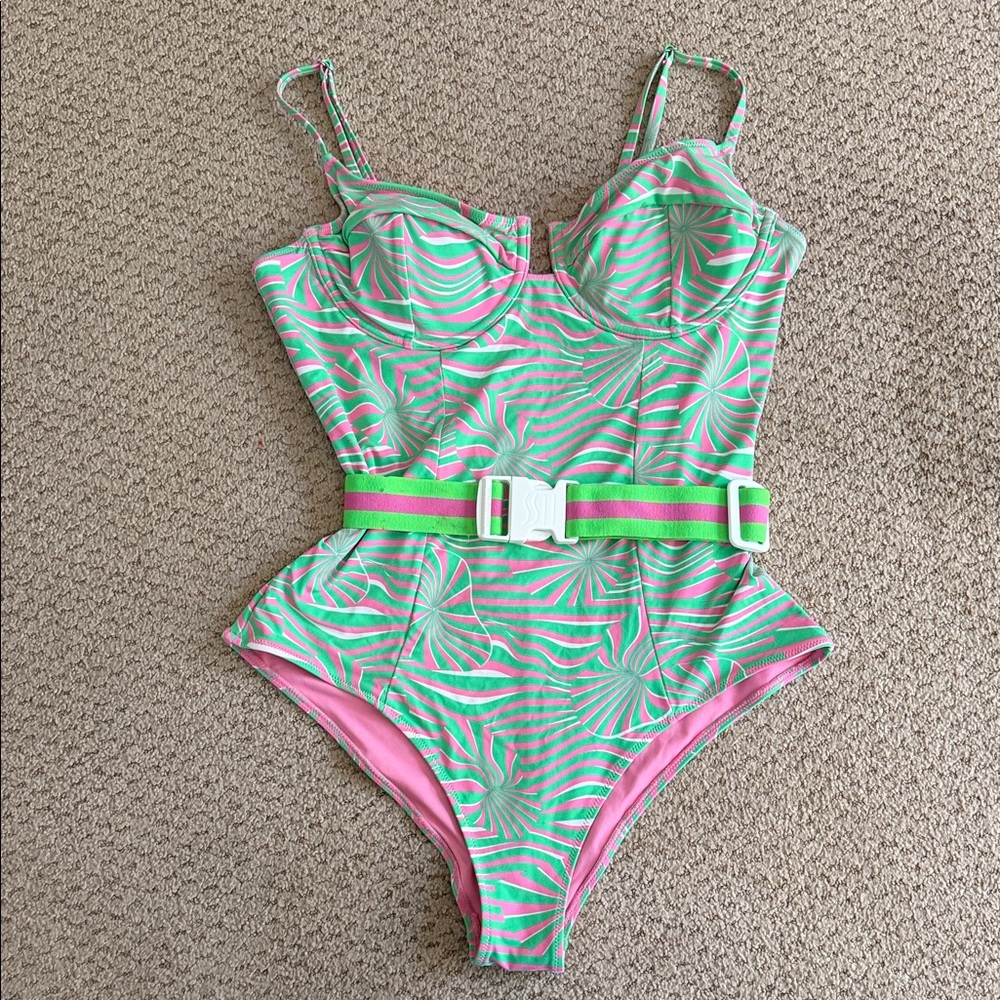 Vetchy Stylish Green and Pink One-Piece Swimsuit